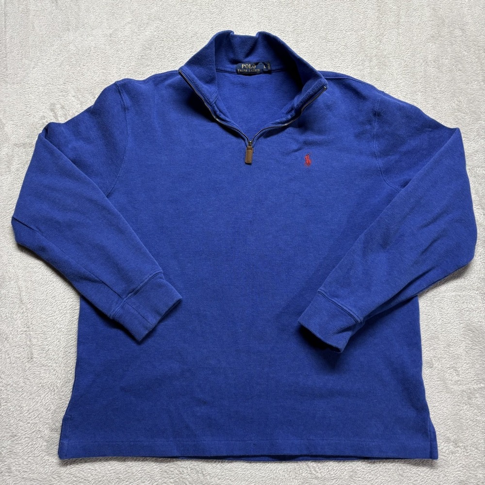 Polo Ralph Lauren Mens L Sweater 1/4 Zip Blue Pullover Flesh Pony